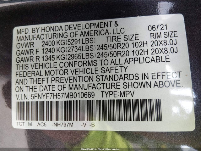 2021 Honda Passport 2wd Ex-l მანქანა იყიდება აუქციონზე, vin: 5FNYF7H57MB010669, აუქციონის ნომერი: 46086733