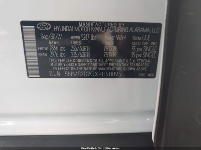 Aukcja sprzedaży 2023 Hyundai Santa Fe Sel, vin: 5NMS2DAJXPH511095, numer aukcji: 46086745