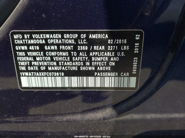 2015 Volkswagen Passat 1.8t Wolfsburg Edition მანქანა იყიდება აუქციონზე, vin: 1VWAT7A3XFC073619, აუქციონის ნომერი: 46086753