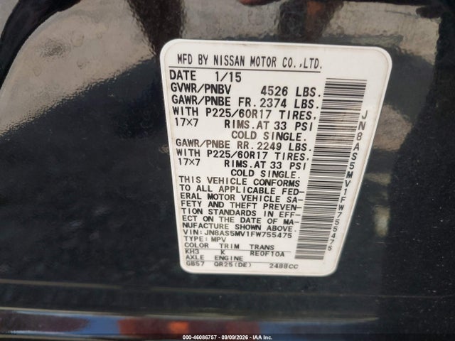 Продажа на аукционе авто 2015 Nissan Rogue Select S, vin: JN8AS5MV1FW755475, номер лота: 46086757