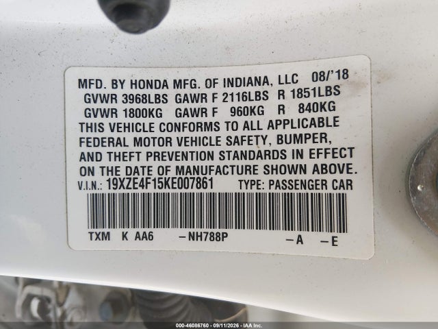 2019 Honda Insight Lx მანქანა იყიდება აუქციონზე, vin: 19XZE4F15KE007861, აუქციონის ნომერი: 46086760