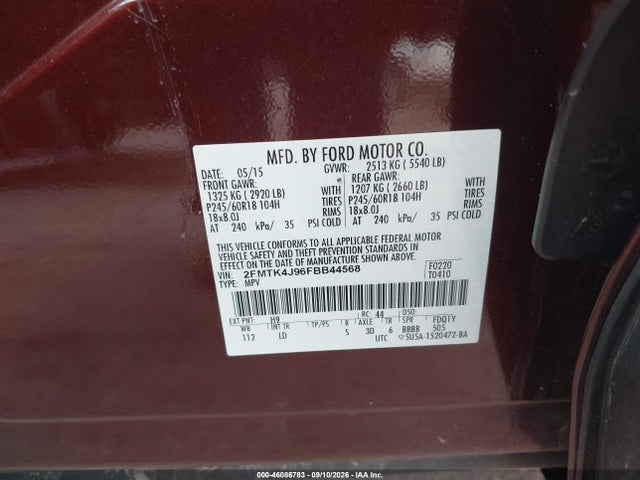 2015 Ford Edge Sel მანქანა იყიდება აუქციონზე, vin: 2FMTK4J96FBB44568, აუქციონის ნომერი: 46086783