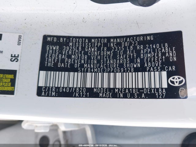 46086786 :رقم المزاد ، 5YFB4MDE3PP069128 vin ، 2023 Toyota Corolla Le مزاد بيع