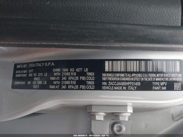 Aukcja sprzedaży 2017 Jeep Renegade Sport Fwd, vin: ZACCJAAB0HPF01458, numer aukcji: 46086810