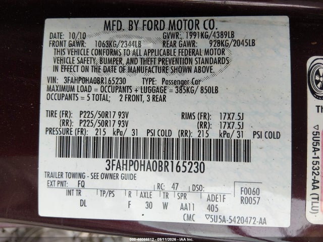 Продаж на аукціоні авто 2011 Ford Fusion Se, vin: 3FAHP0HA0BR165230, номер лоту: 46086812