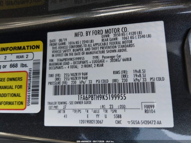 46086824 :رقم المزاد ، 1FA6P8TH9K5199955 vin ، 2019 Ford Mustang Ecoboost Premium مزاد بيع