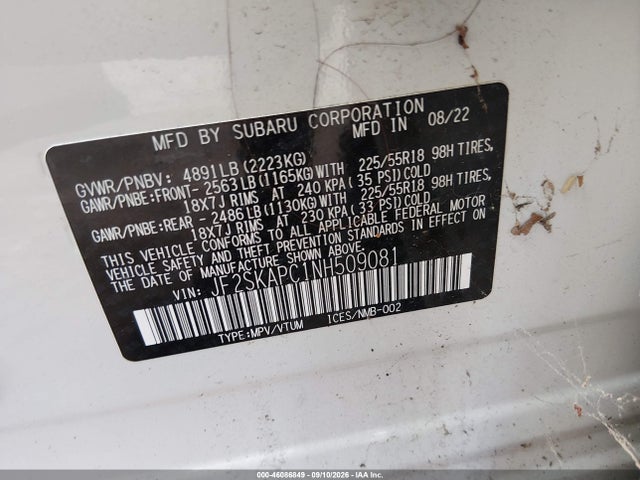 46086849 :رقم المزاد ، JF2SKAPC1NH509081 vin ، 2022 Subaru Forester Limited مزاد بيع