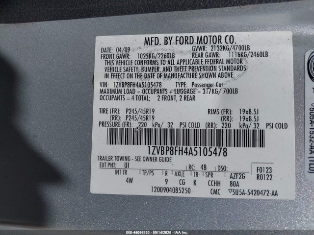Продажа на аукционе авто 2010 Ford Mustang Gt Premium, vin: 1ZVBP8FH4A5105478, номер лота: 46086853