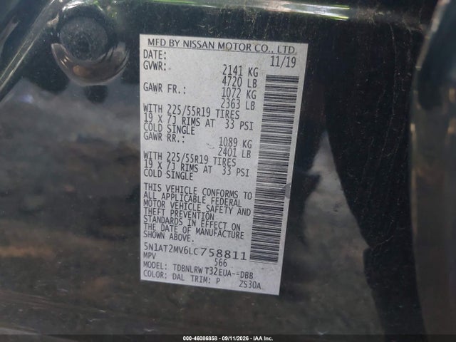 46086858 :رقم المزاد ، 5N1AT2MV6LC758811 vin ، 2020 Nissan Rogue Sl Intelligent Awd مزاد بيع