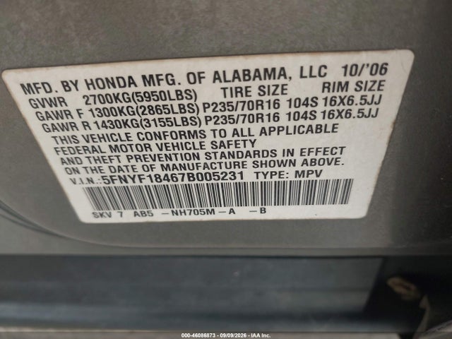2007 Honda Pilot Ex მანქანა იყიდება აუქციონზე, vin: 5FNYF18467B005231, აუქციონის ნომერი: 46086873