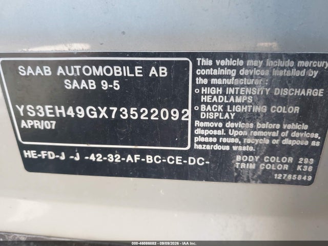 46086882 :رقم المزاد ، YS3EH49GX73522092 vin ، 2007 Saab 9-5 2.3t W/aero Package مزاد بيع