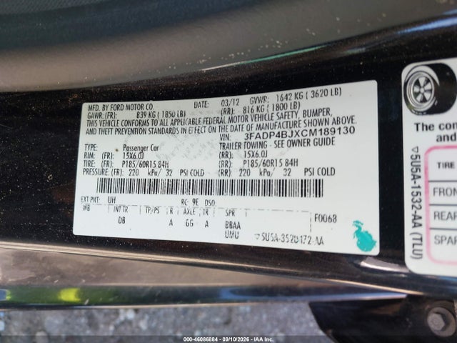 2012 Ford Fiesta Se მანქანა იყიდება აუქციონზე, vin: 3FADP4BJXCM189130, აუქციონის ნომერი: 46086884