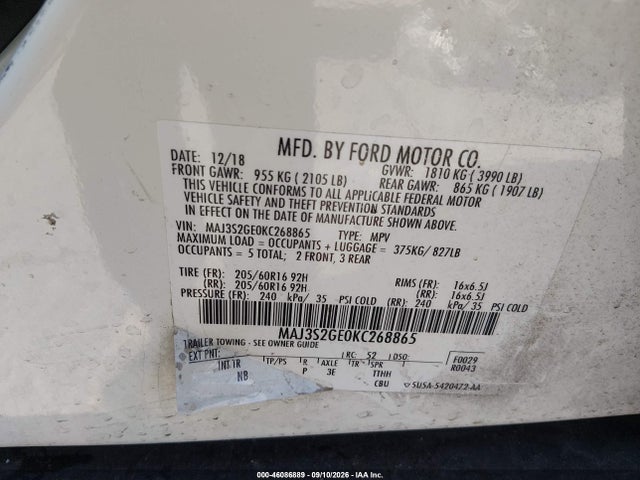Продажа на аукционе авто 2019 Ford Ecosport Se, vin: MAJ3S2GE0KC268865, номер лота: 46086889