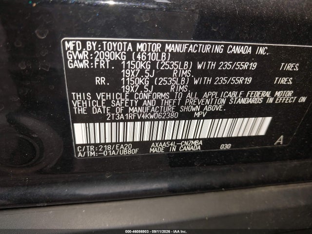 46086903 :رقم المزاد ، 2T3A1RFV4KW062380 vin ، 2019 Toyota Rav4 Xle Premium مزاد بيع