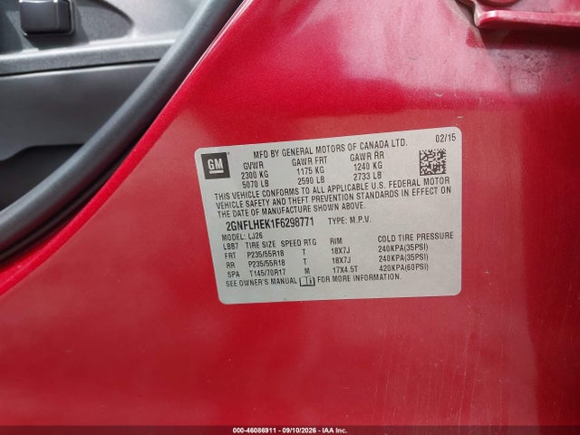 Продаж на аукціоні авто 2015 Chevrolet Equinox Ltz, vin: 2GNFLHEK1F6298771, номер лоту: 46086911
