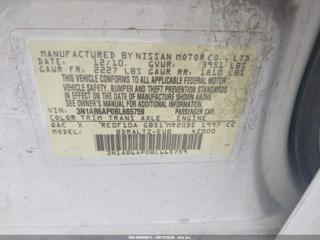 Aukcja sprzedaży 2011 Nissan Sentra 2.0sr, vin: 3N1AB6AP0BL665759, numer aukcji: 46086913