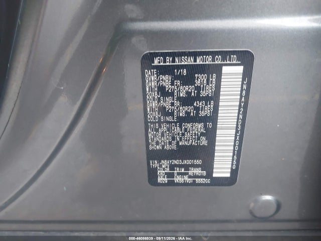 Aukcja sprzedaży 2018 Nissan Armada Sl, vin: JN8AY2ND3JX001550, numer aukcji: 46086939