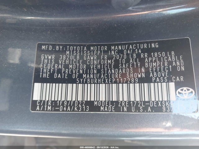 Aukcja sprzedaży 2014 Toyota Corolla S Plus, vin: 5YFBURHEXEP117289, numer aukcji: 46086942
