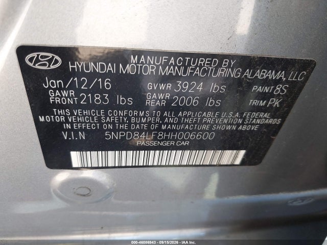 Продажа на аукционе авто 2017 Hyundai Elantra Se, vin: 5NPD84LF8HH006600, номер лота: 46086943
