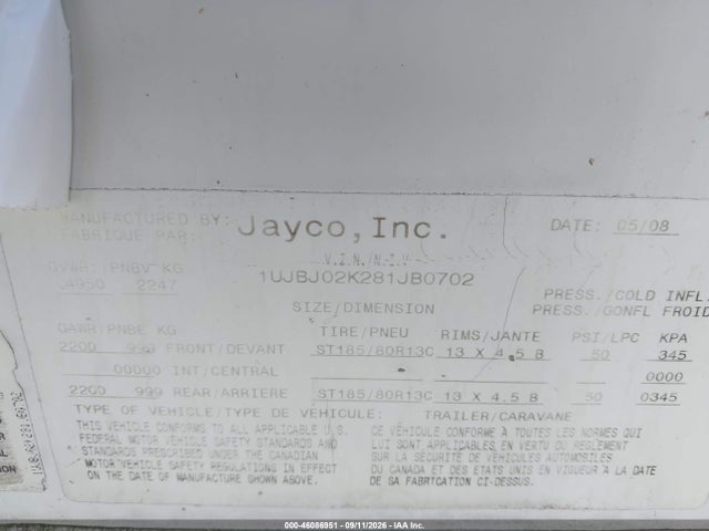 Продаж на аукціоні авто 2008 Jayco Jay Feather 23b, vin: 1UJBJ02K281JB0702, номер лоту: 46086951