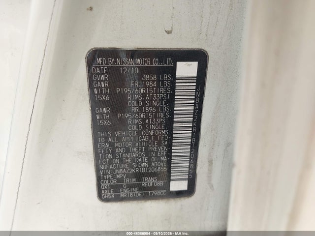 46086954 :رقم المزاد ، JN8AZ2KR1BT206855 vin ، 2011 Nissan Cube 1.8s مزاد بيع