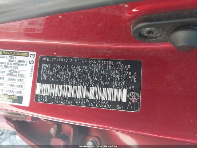 46086956 :رقم المزاد ، 2T1BR32E47C763647 vin ، 2007 Toyota Corolla S مزاد بيع