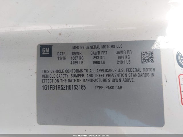 Продажа на аукционе авто 2017 Chevrolet Camaro 1lt, vin: 1G1FB1RS2H0163185, номер лота: 46086957