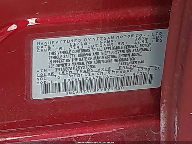 46086965 :رقم المزاد ، 3N1AB7AP2KY270930 vin ، 2019 Nissan Sentra Sv مزاد بيع