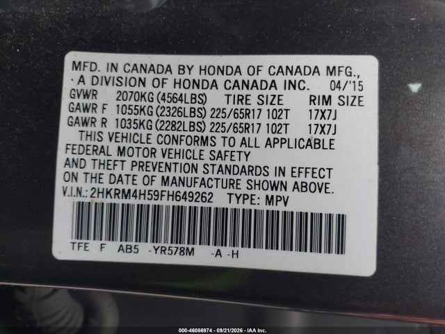 Продажа на аукционе авто 2015 Honda Cr-v Ex, vin: 2HKRM4H59FH649262, номер лота: 46086974