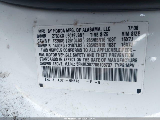 46086981 :رقم المزاد ، 5FNRL38778B103737 vin ، 2008 Honda Odyssey Ex-l مزاد بيع