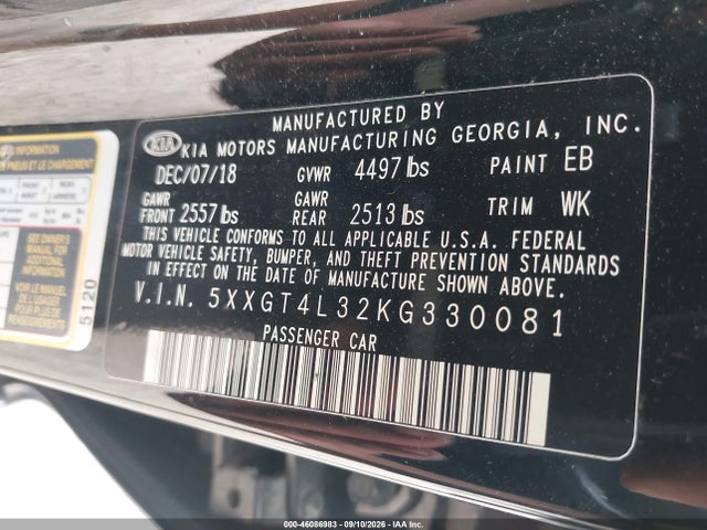 46086983 :رقم المزاد ، 5XXGT4L32KG330081 vin ، 2019 Kia Optima Lx مزاد بيع