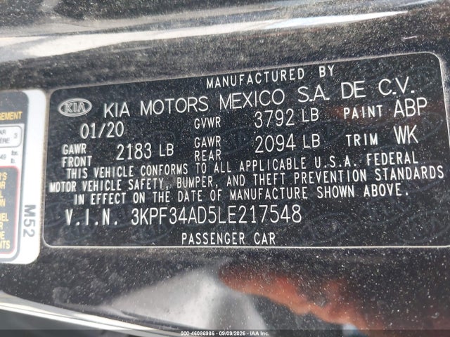 Продаж на аукціоні авто 2020 Kia Forte Gt-line, vin: 3KPF34AD5LE217548, номер лоту: 46086986
