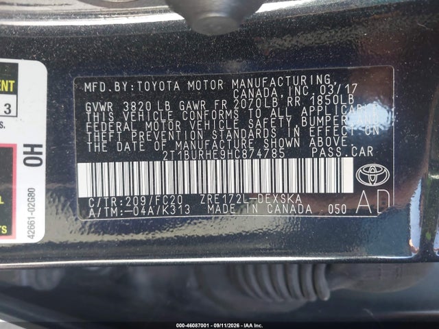 Aukcja sprzedaży 2017 Toyota Corolla Se, vin: 2T1BURHE9HC874785, numer aukcji: 46087001