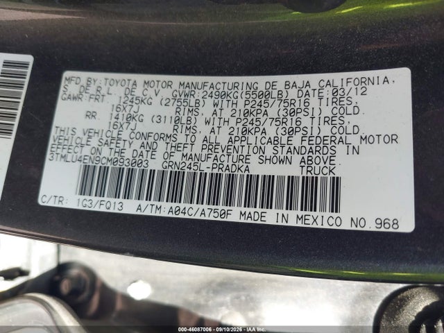 Aukcja sprzedaży 2012 Toyota Tacoma Base V6, vin: 3TMLU4EN9CM093003, numer aukcji: 46087006