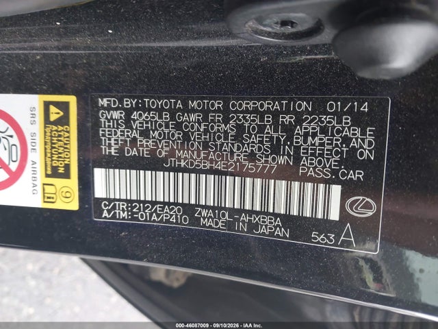 Aukcja sprzedaży 2014 Lexus Ct 200h, vin: JTHKD5BH4E2175777, numer aukcji: 46087009