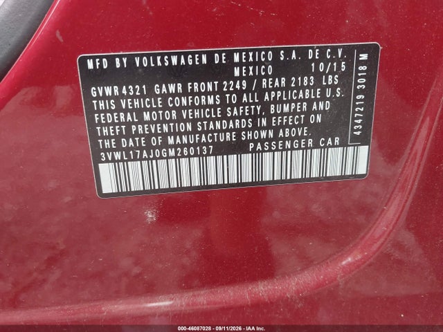 46087028 :رقم المزاد ، 3VWL17AJ0GM260137 vin ، 2016 Volkswagen Jetta 1.8t Sel/1.8t Sel Premium مزاد بيع