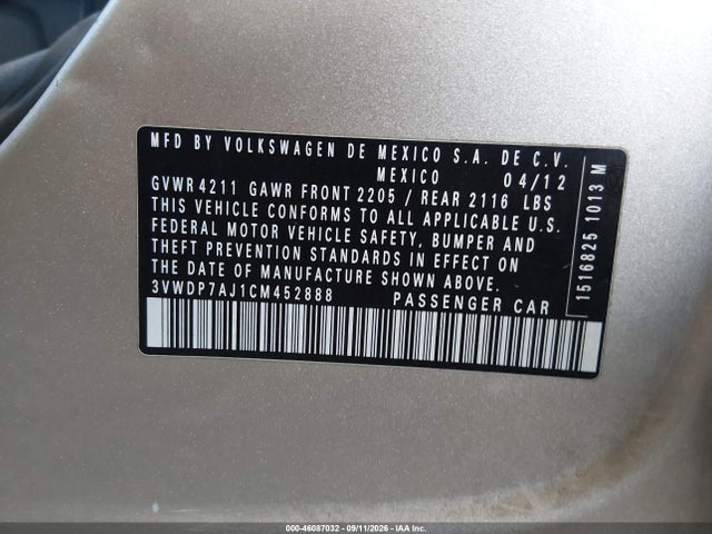 Продаж на аукціоні авто 2012 Volkswagen Jetta 2.5l Se, vin: 3VWDP7AJ1CM452888, номер лоту: 46087032
