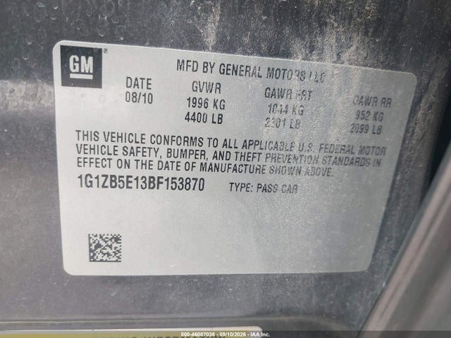 46087036 :رقم المزاد ، 1G1ZB5E13BF153870 vin ، 2011 Chevrolet Malibu Ls مزاد بيع