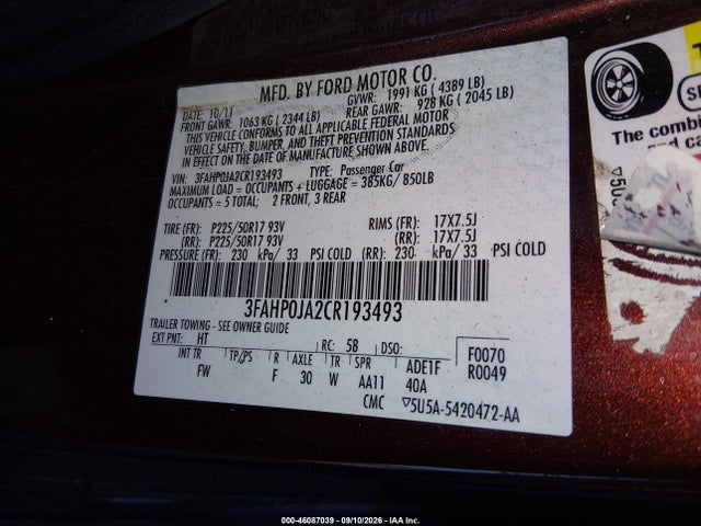 2012 Ford Fusion Sel მანქანა იყიდება აუქციონზე, vin: 3FAHP0JA2CR193493, აუქციონის ნომერი: 46087039