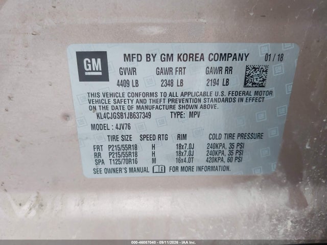 46087040 :رقم المزاد ، KL4CJGSB1JB637349 vin ، 2018 Buick Encore Essence مزاد بيع