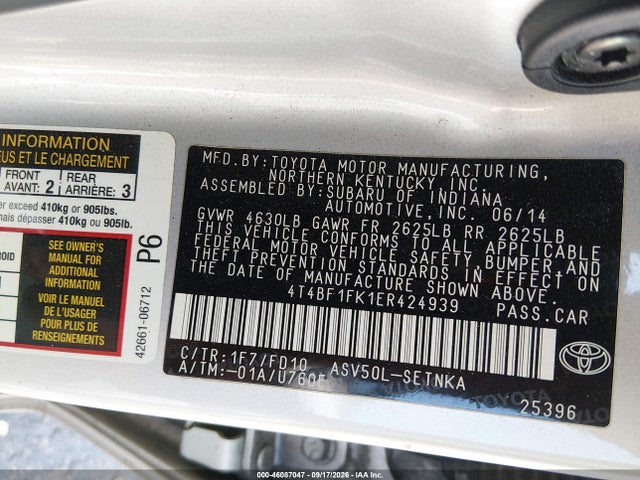2014 Toyota Camry Le მანქანა იყიდება აუქციონზე, vin: 4T4BF1FK1ER424939, აუქციონის ნომერი: 46087047