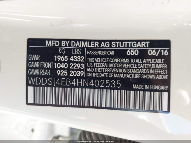 Aukcja sprzedaży 2017 Mercedes-benz Cla 250, vin: WDDSJ4EB4HN402535, numer aukcji: 46087053