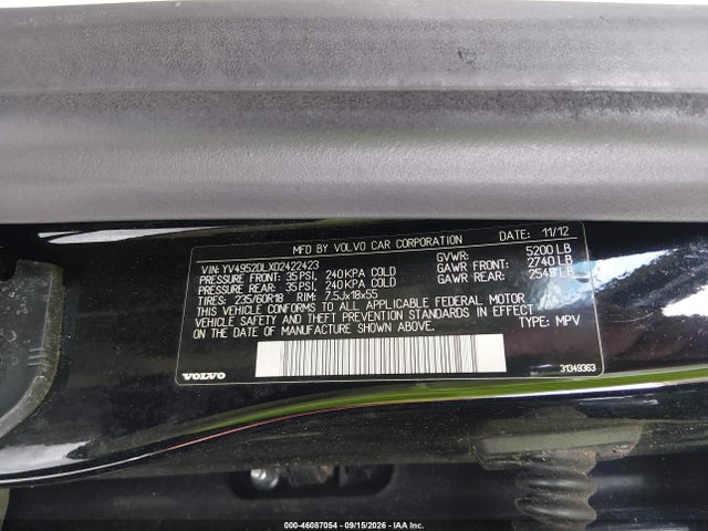 46087054 :رقم المزاد ، YV4952DLXD2422423 vin ، 2013 Volvo Xc60 3.2 Premier مزاد بيع