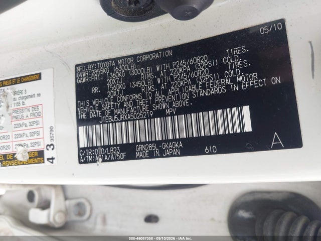 Aukcja sprzedaży 2010 Toyota 4runner Limited V6, vin: JTEBU5JRXA5025219, numer aukcji: 46087058