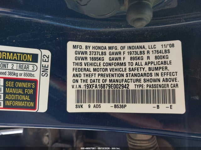 Продаж на аукціоні авто 2009 Honda Civic Ex, vin: 19XFA16879E002942, номер лоту: 46087061