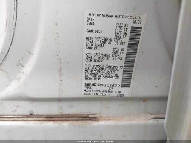 Aukcja sprzedaży 2009 Nissan Titan Le, vin: 1N6BA07D69N315672, numer aukcji: 46087079