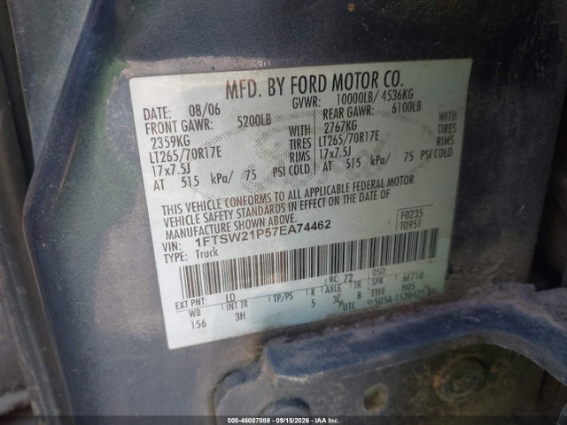 Продаж на аукціоні авто 2007 Ford F-250 Lariat/xl/xlt, vin: 1FTSW21P57EA74462, номер лоту: 46087088