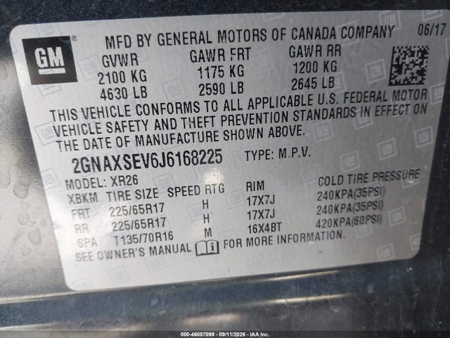 46087099 :رقم المزاد ، 2GNAXSEV6J6168225 vin ، 2018 Chevrolet Equinox Lt مزاد بيع