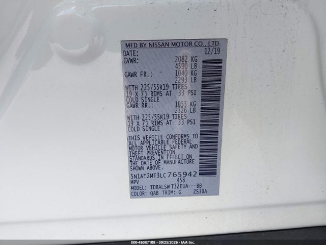 46087108 :رقم المزاد ، 5N1AT2MT3LC765942 vin ، 2020 Nissan Rogue Sl Fwd مزاد بيع