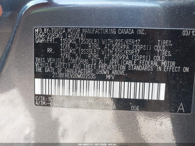 Продажа на аукционе авто 2013 Toyota Rav4 Le, vin: 2T3BFREV2DW022535, номер лота: 46087111